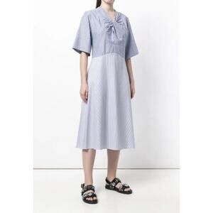 Carven Midi Dress Blue Striped‎ Cotton Twist Front Size 2